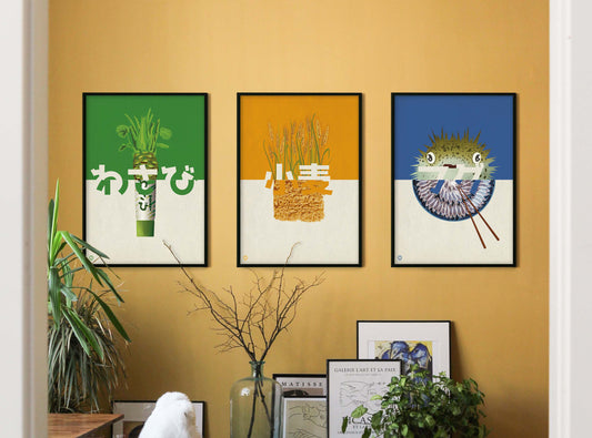 Wall with three Japanese food posters: wasabi, wheat, and fugu