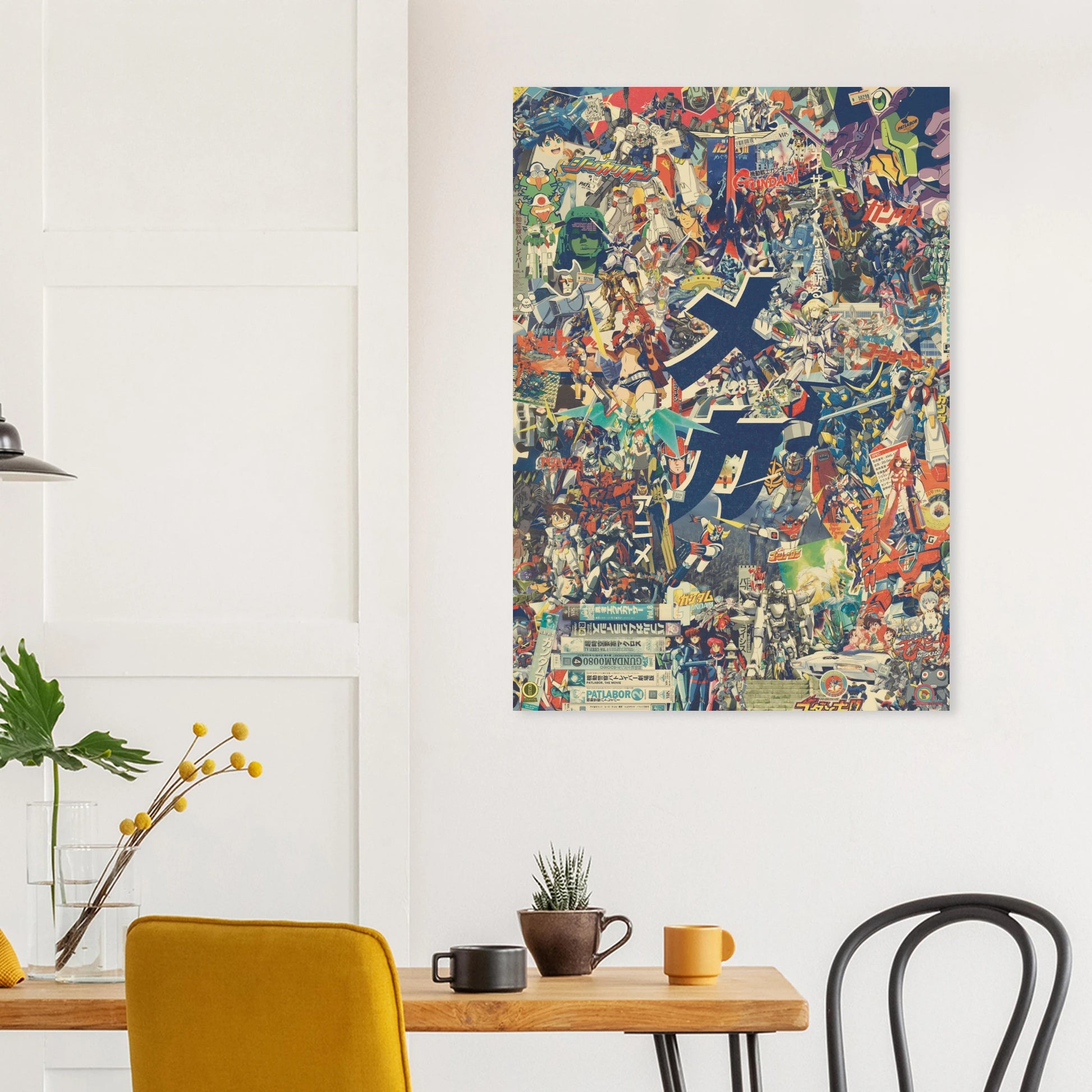 Mecha anime poster in retro style on a wall above a table in a modern living room