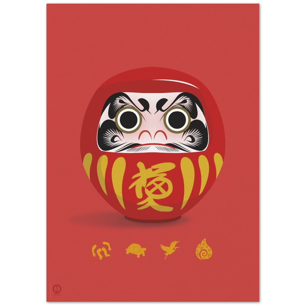 Traditional Red Daruma poster, 50×70 cm print dimension, crisp linework with an intense gaze and Bodhidharma‑inspired cultural details. Original creation by OTSUKATSU.