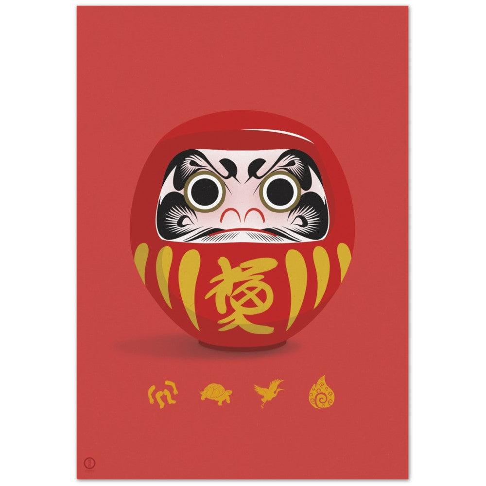 Traditional Red Daruma poster, 70×100 cm size, featuring a red Daruma doll with black and gold details on a red background - Japanese graphic artwork by OTSUKATSU.