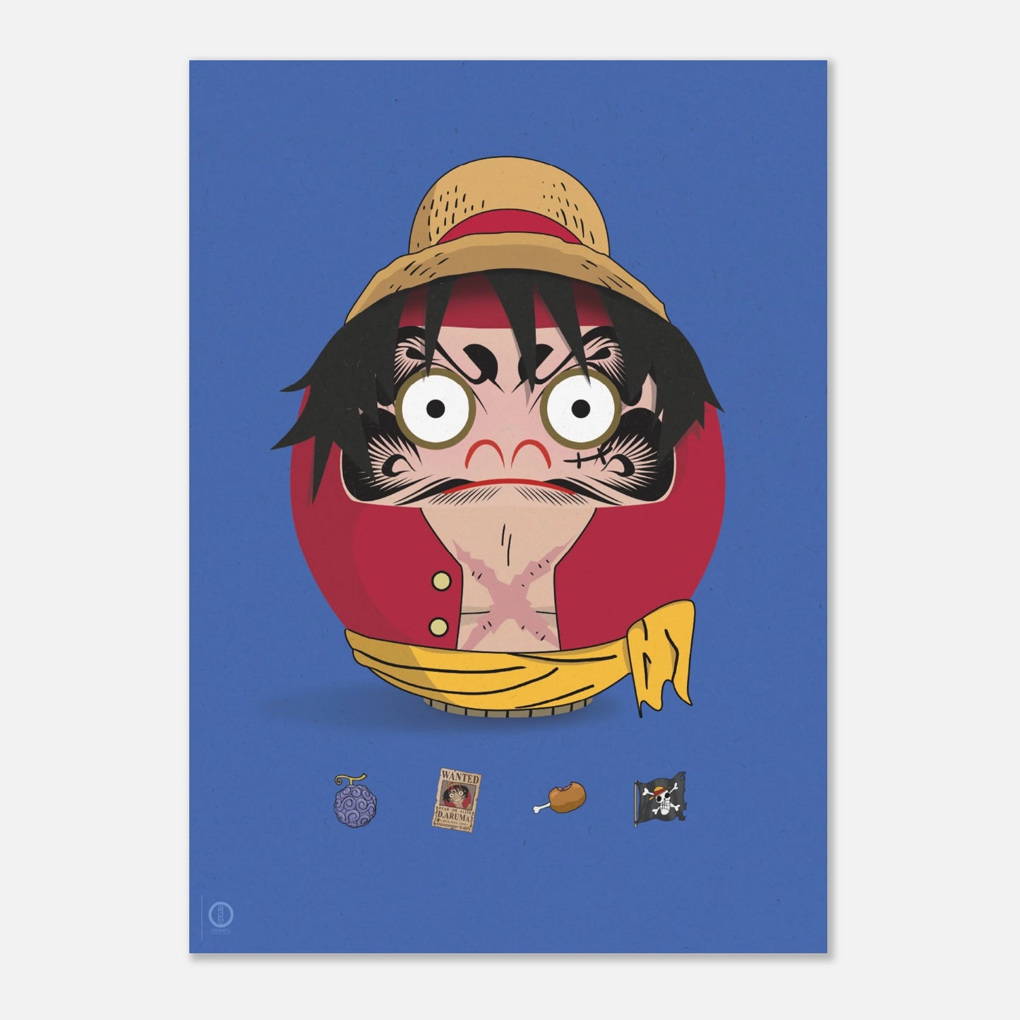 Luffy Daruma fan art 50x70cm artwork showing Mugiwara transformed into traditional daruma doll by OTSUKATSU