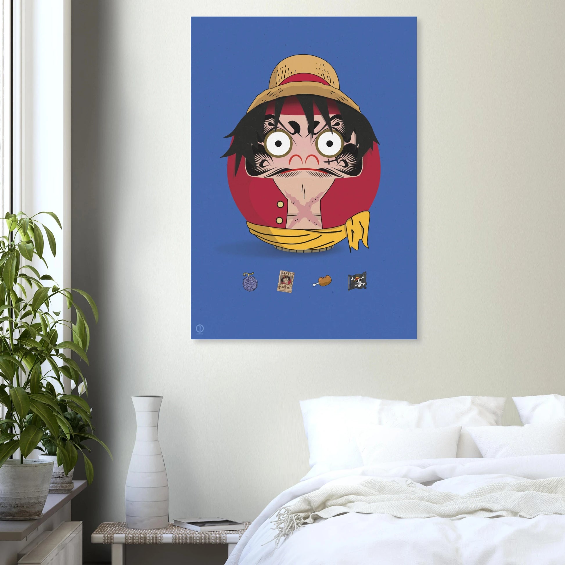 Luffy Daruma fan art poster 70x100cm in a bedroom, Japanese pop culture design print designed by OTSUKATSU