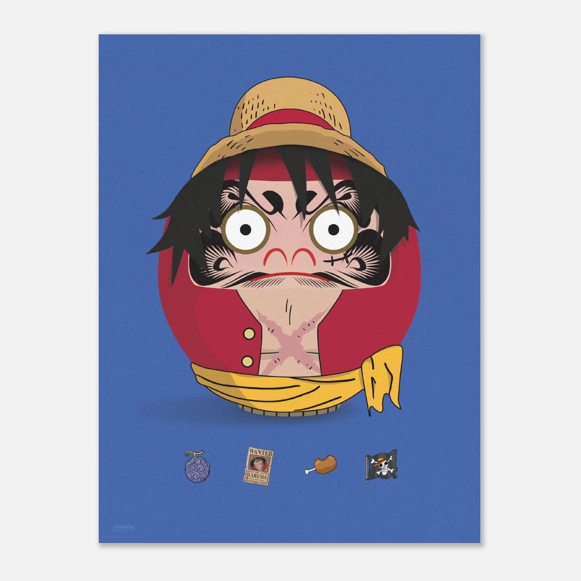 Luffy Daruma poster 30x40cm (Fan Art) combining the famous One Piece anime character with traditional Japanese daruma doll design, OTSUKATSU creation