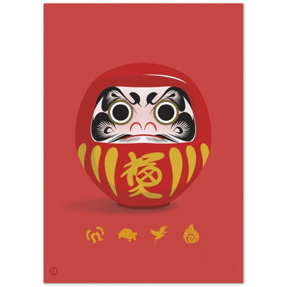 Traditional Red Daruma poster, 50×70 cm print dimension, crisp linework with an intense gaze and Bodhidharma‑inspired cultural details. Original creation by OTSUKATSU.