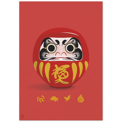 Traditional Red Daruma poster, 70×100 cm size, featuring a red Daruma doll with black and gold details on a red background - Japanese graphic artwork by OTSUKATSU.