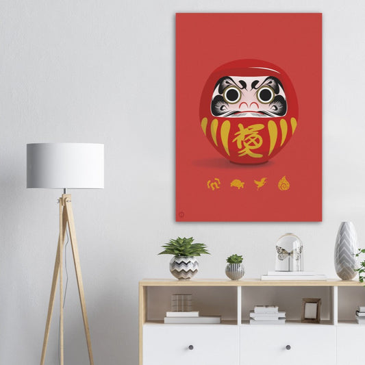 Traditional Red Daruma poster displayed in a modern living room interior, extra‑large format on a wall with minimalist furniture; Japanese design by OTSUKATSU.